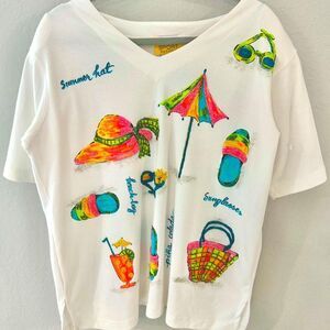 VTG C.S.T Beaded Summer Graphic T-Shirt | White | Size 1X Petite | NWOT
